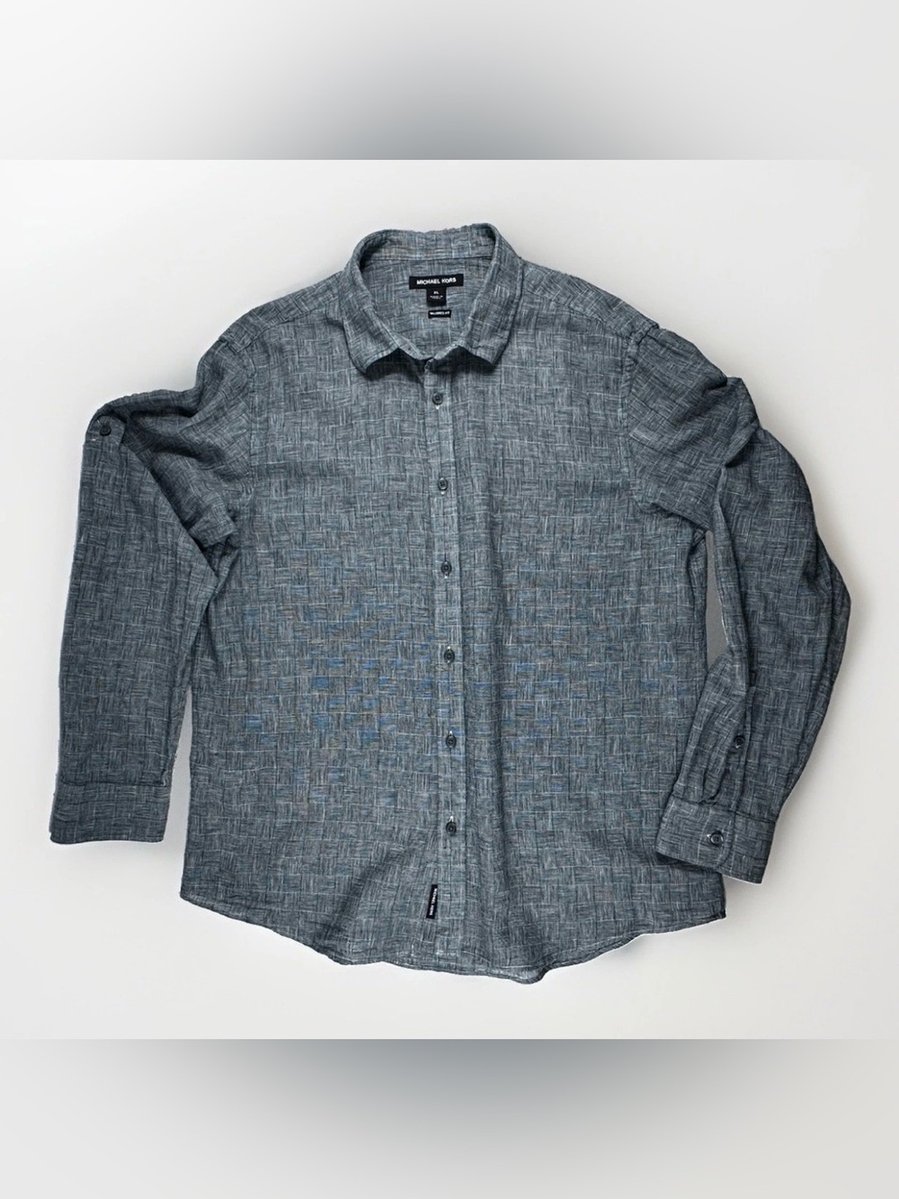 Michael Kors Mens XL Linen Cotton Shirt Gray Check Tailored Fit Button Down